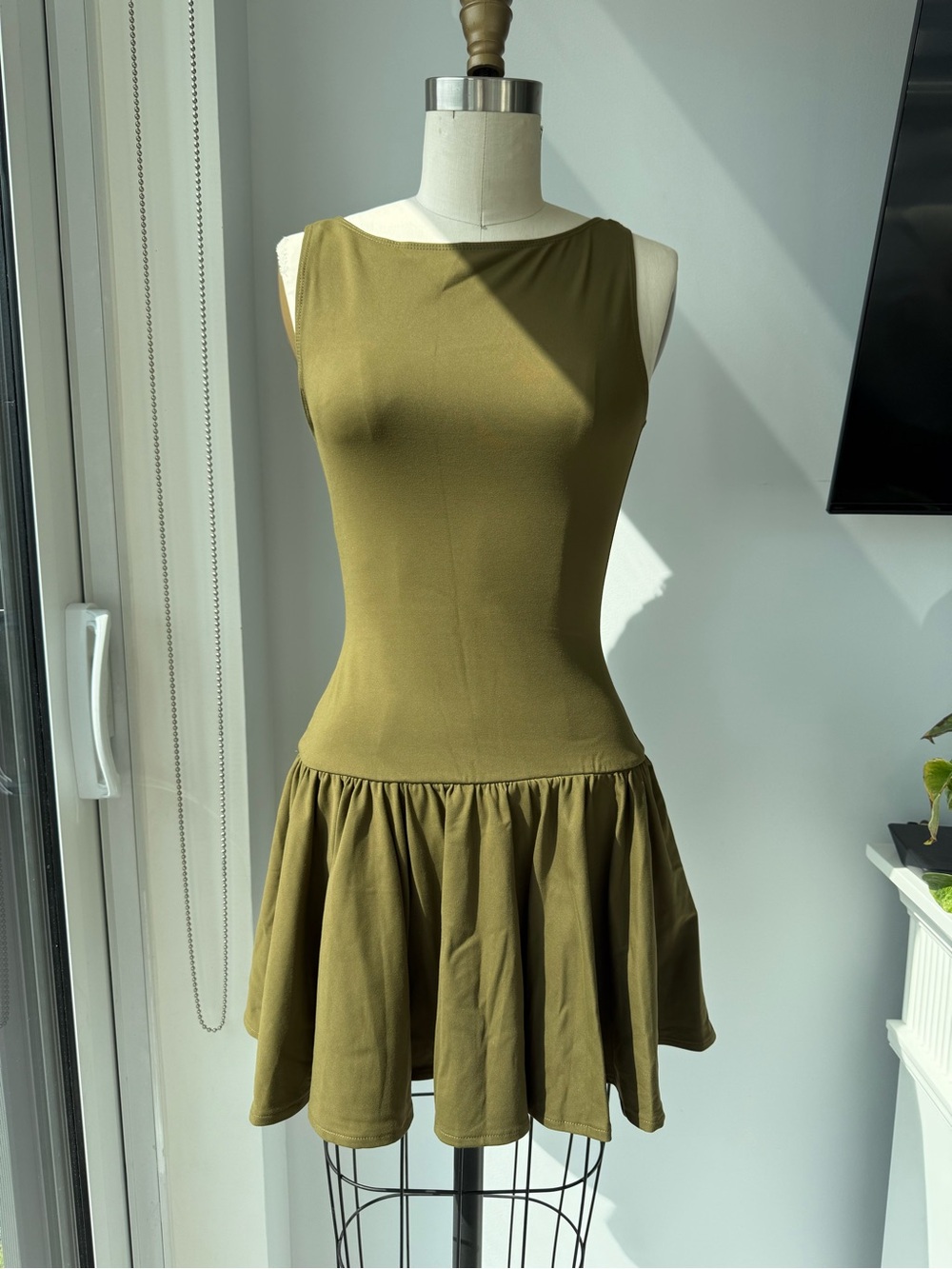 OAK + FORT Olive Green Sleeveless Drop-Waist Mini Dress